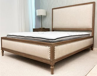 An Upholstered Queen Platform Bedstead In Natural Linen And Reclaimed Oak 'Maison' By Restoration Hardware