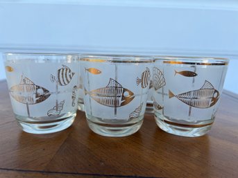 Vintage Libbey Marine Life Frosted And Gold Old Fashioned Glasses, Set Of 6