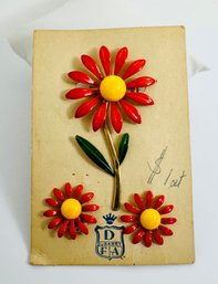 VINTAGE 1950s DUBARRY ENAMEL FLOWER PIN AND CLIP ON EARRINGS