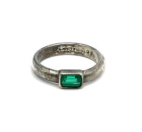 Vintage Sterling Silver Tribalinks Designer Emerald Green Color Stone Ring, Size 7.75