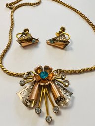 VINTAGE 12K GOLD FILLED VAN DELL RHINESTONE NECKLACE AND SCREWBACK EARRINGS