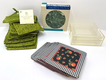 4 Sets Coasters Including Pottery Barn Beaded & 1980s Lucite, Some New In Box