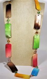 Vintage Colorful Mother Of Pearl And Cut Crystal Elongated Necklace 32' Long