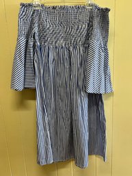 Vasna Blue/white Striped Summer Dress With Ruched Elastic & 3/4 Sleeve - Size XL