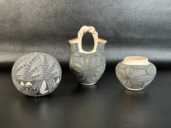 A Striking Group Of Small Acoma Pottery Pieces In Black & White, Signed