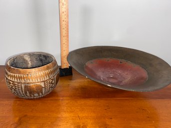 Two Decorative Bowls Elephants Carved Gourd And Red And Gold Ceramic Bowl