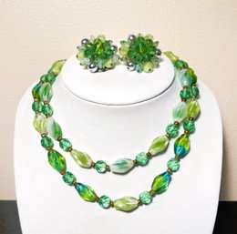 Wow Factor- West Germany Glass/ Crystal Faceted Bead Necklace & Cluster Clip On Earrings