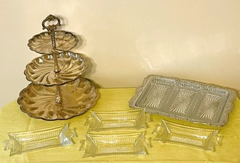F.B. Rogers Three Tier Serving Tray, Irvinware Three Relish Dish W Tray And Four Pleat & Panel Dishes