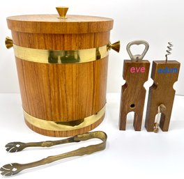 Humorous Adam & Eve Bottle Openers & Sero Mid Century Modern Ice Bucket With Brass Ice Tongs