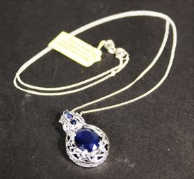 Sterling Silver 20' Long Chain Necklace Having Genuine Sapphire Pendant Never Worn