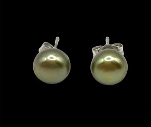 Vintage Sterling Silver Olive Green Pearl Style Stud Earrings