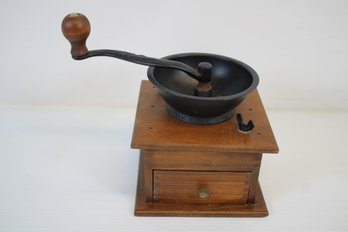 Antique Coffee Mill With Finger Jointed Wood Box, Cast Iron Grinder And Handle