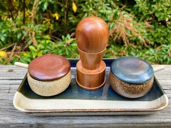 Midcentury Style Slat And Pepper Set With Wood Pepper Mill