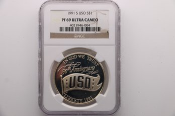 1991 S NGC PF 69 Ultra Cameo Silver USO 50th Anniversary Dollar Coin