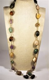 Vintage Brass Encaged Semiprecious Stone Necklace 32' Long