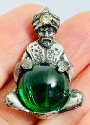 SMALL VINTAGE SWAMI FORTUNE TELLER SILVER TONE AND GREEN BALL BROOCH