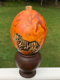 Vintage Hand Painted Ostrich Egg W/stinkwood Base