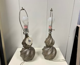 Pair Of Grey Swirl Hourglass Table Lamps