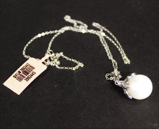 Genuine Pearl And Tiny Diamonds Sterling Silver 18' Long Chain Necklace