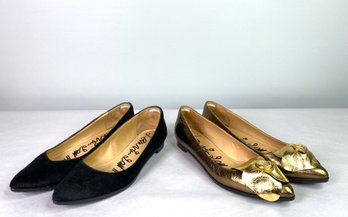 Lanvin - Pair Of Flats - Black Mohair And Metallic Gold Bow Toes