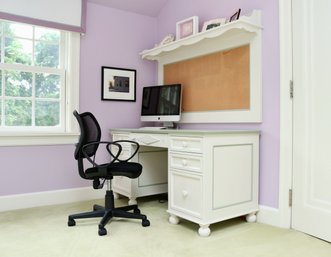 Go To Your Room Custom Made Off-White With Muted  Sage Green Desk  With Wall Mounted Hutch And Chair