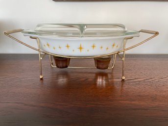Vintage Pyrex Starburst Covered Divided Casserole, Serving Dish With Warming Stand. 1.5 Qt