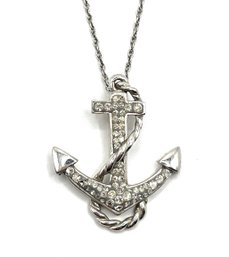 Vintage Sterling Silver Clear Stones Anchor Pendant Necklace