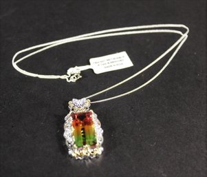 Watermelon Tourmaline Pendant Gold Sterling Silver 19' Long Chain Sterling Silver