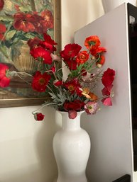 White Vase Xl With Faux Red/orange Poppies