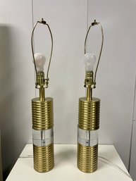 Pair Of Lucite & Gold Ridged Table Lamps