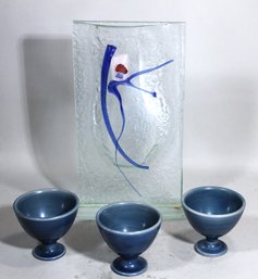 Signed Fused Glass MCM Vase And Three Porcelain Cups