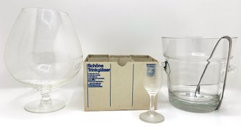 Giant Glass Goblet, Ice Bucket With Tongs & Vintage New In Box Schone Trinkglaser Cordials, Germany