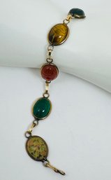 VINTAGE SIGNED D'OR 12K GOLD-FILLED CARVED STONE SCARAB LINK BRACELET