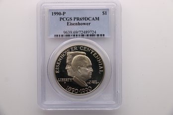 PCGS 1990 P Eisenhower Centennial Silver $1 Proof Coin PR69 DCAM