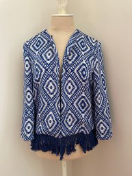 J McLaughlin Blue & White Geometric Pattern Fringe Blazer, Size M