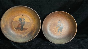 Beautiful Wooden Decorative Bowls With Inlaid Wood Scenes In Bottom