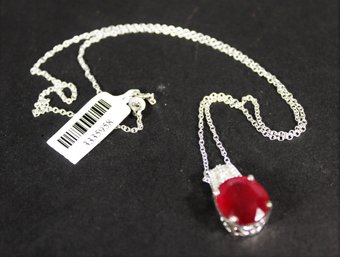 Genuine Ruby And Sterling Silver Pendant On 19' Sterling Silver Chain Necklace