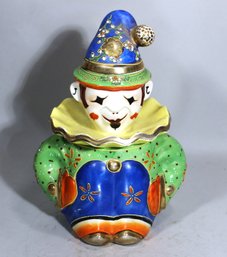 1930s Japanese Moriage Enamel Clown Lidded Ceramic Jar