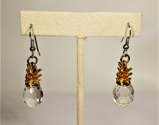 Vintage Cut Crystal Gold Tone Pineapple Pierced Earrings 2' Long