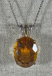 Fine Sterling Silver Chain And Pendant Necklace Large Citrine Tone