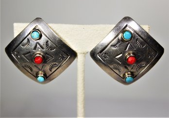 Native American Indian Sterling Silver Turquoise Coral Clip Earrings