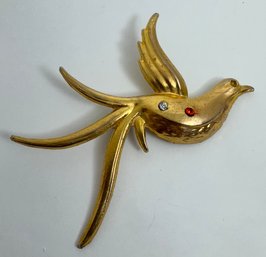 VINTAGE GOLD TONE RHINESTONE METAL BIRD BROOCH