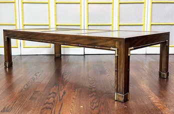 A Vintage Campaign Style Glass Top Coffee Table With Brass And Faux Bamboo Details, Possibly Baker