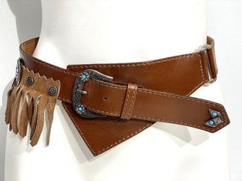 A Brown Leather Belt With Fringe And Turquois Details - Size M