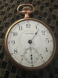 Early 1900's Waltham Gold Filled Bezel Pocket Watch With Porcelain Dial