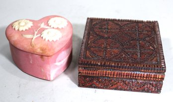 Two Trinket Boxes Heart Shaped And Carved Wood