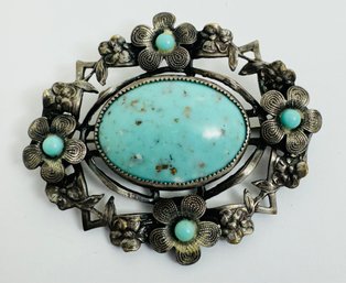 VINTAGE SILVER TONE FAUX TURQUOISE  FLORAL BROOCH