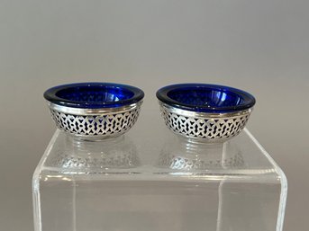 Pair Of Antique Sterling Silver And Cobalt Glass Open Salts