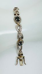 BEAUTIFUL TWO TONE STERLING SILVER BLUE SAPPHIRE AND DIAMOND ACCENT LINK BRACELET