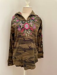 Johnny Was Camouflage Waffle Hoody With Embroidered Floral Detail, Size M